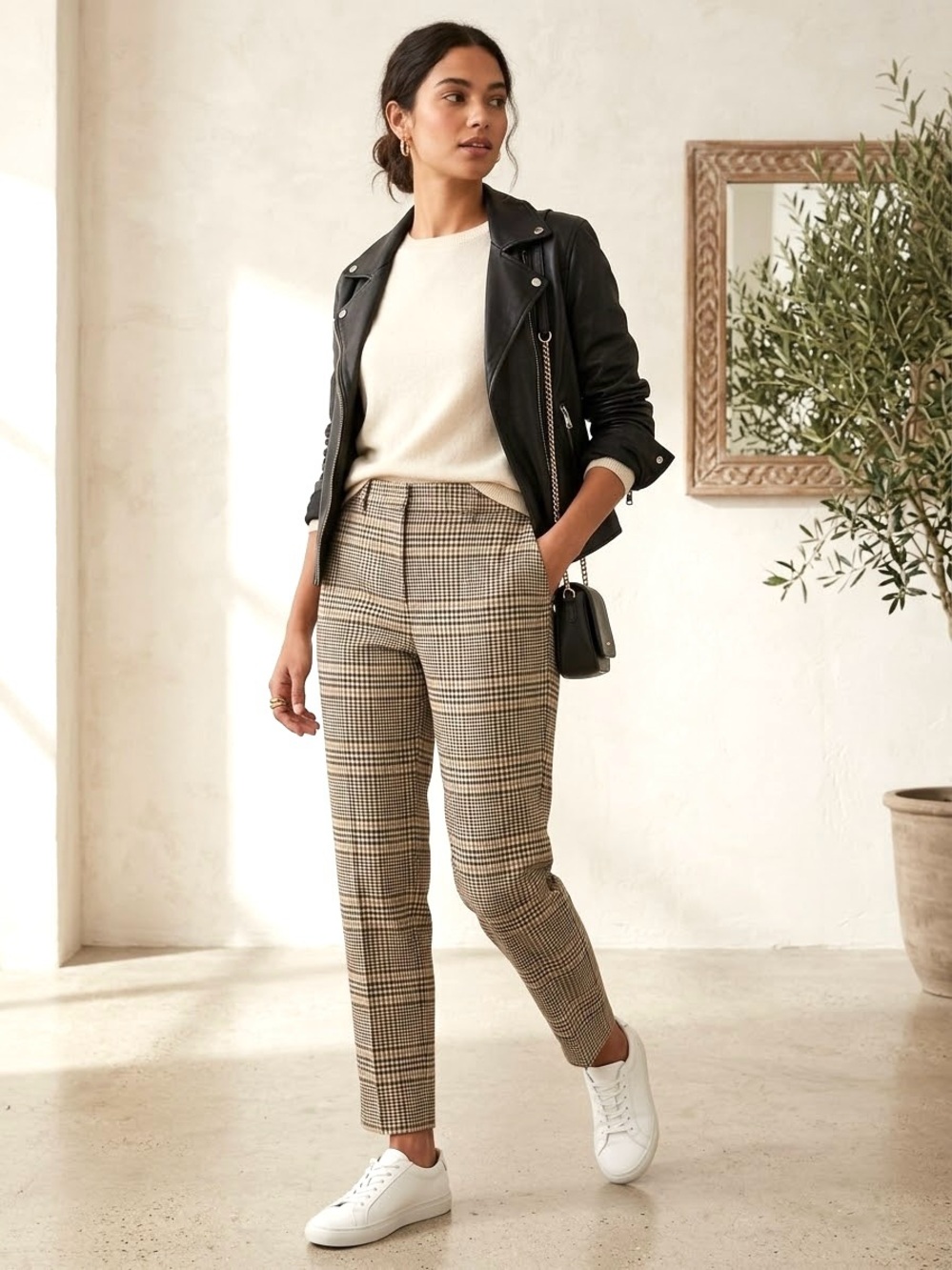 H&M Glen Plaid Houndstooth Ankle Trousers in Brown & Black - Size 8